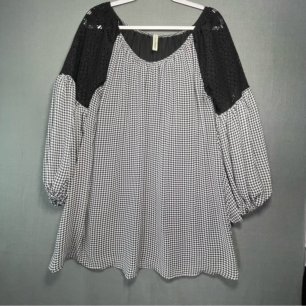 Dee Couture Houndstooth Tunic Top / Mini Dress Lace Shoulder Boho L